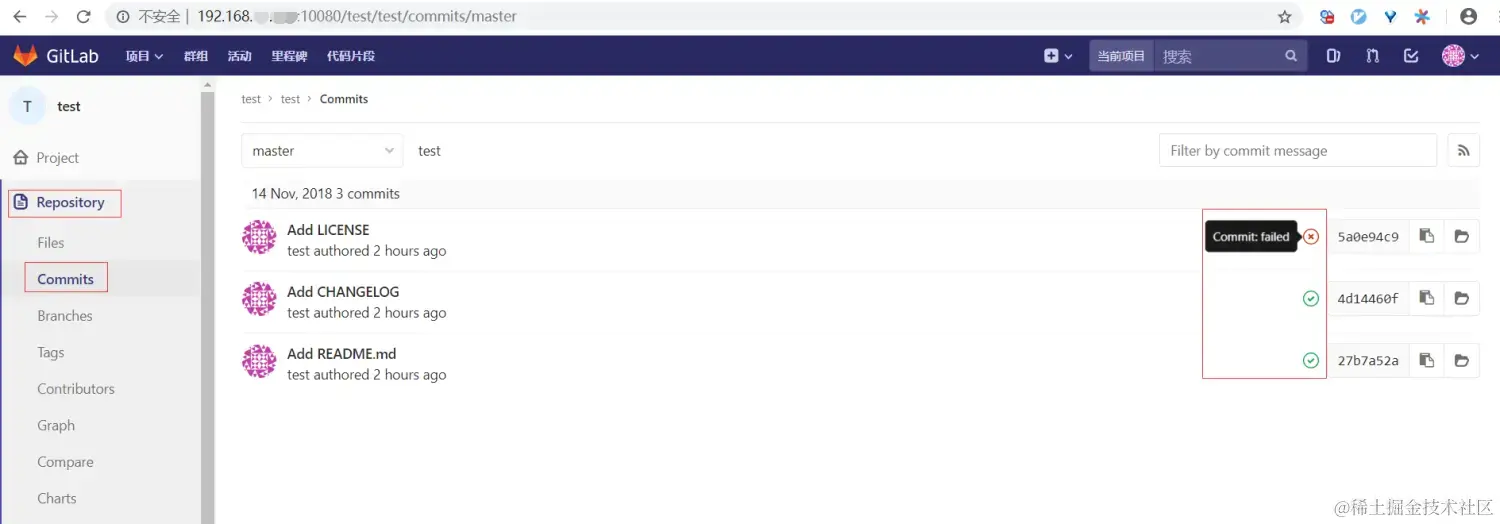 GitLab - 查看构建结果 — commits