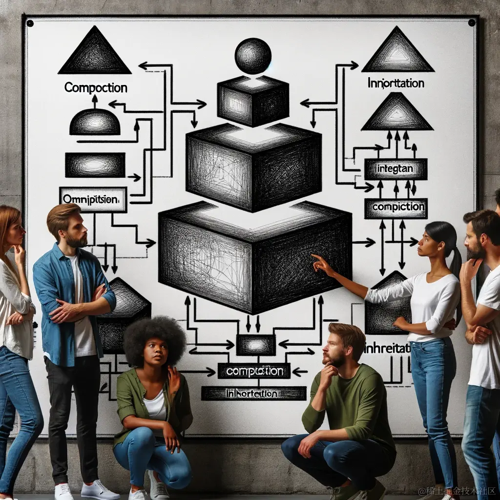 DALL·E 2024-01-07 16.00.11 - A diverse group of software engineers discussing a diagram that illustrates the concept of composition over inheritance in software development. The d.png
