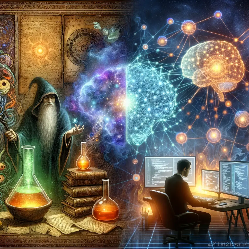 DALL·E 2023-12-24 16.01.51 - An abstract illustration showing the contrast between ancient alchemy and modern AI development. On one side, there's a mystical alchemist surrounded .png