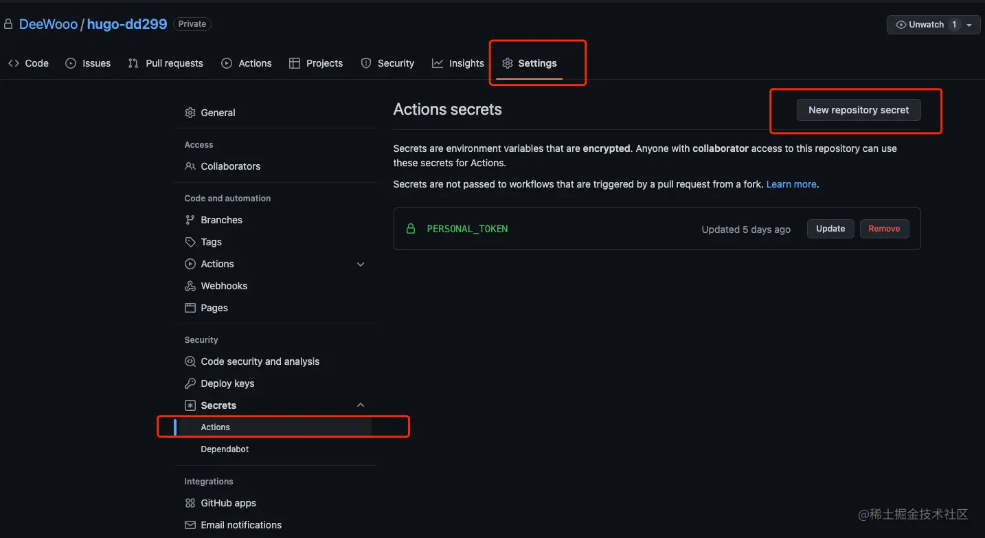 创建action secret token