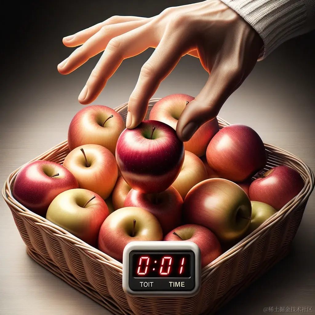 DALL·E_2023-10-13_11.05.12_-photo_of_a_hand_reaching_into_a_fruit_basket_and_instantly_grabbing_an_apple_with_a_digital_timer_showing_a_constant_time_and_a_label'O(1)'_below_it.png