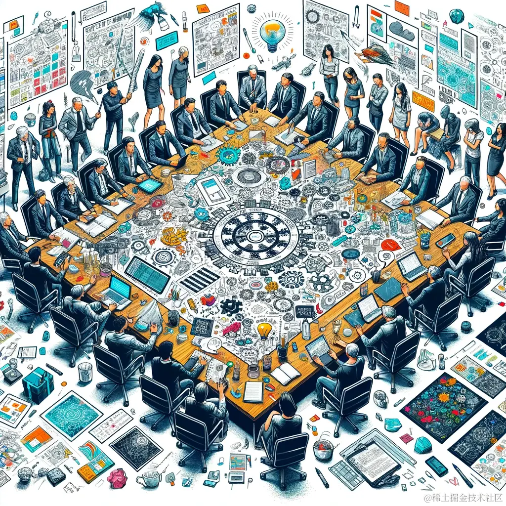 DALL·E 2023-12-10 15.52.45 - A creative illustration depicting the concept of 'Design by Committee' in software development and product design. The image should represent a large .png