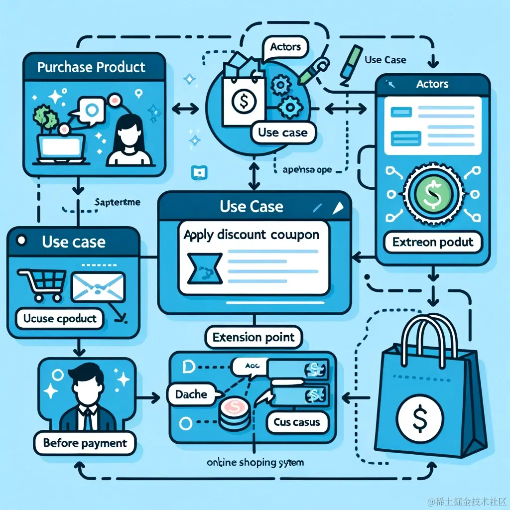 DALL·E 2024-01-24 22.20.50 - Create an image illustrating a UML Use Case diagram for an online shopping system. Include the basic use case 'Purchase Product' and an extending use .png