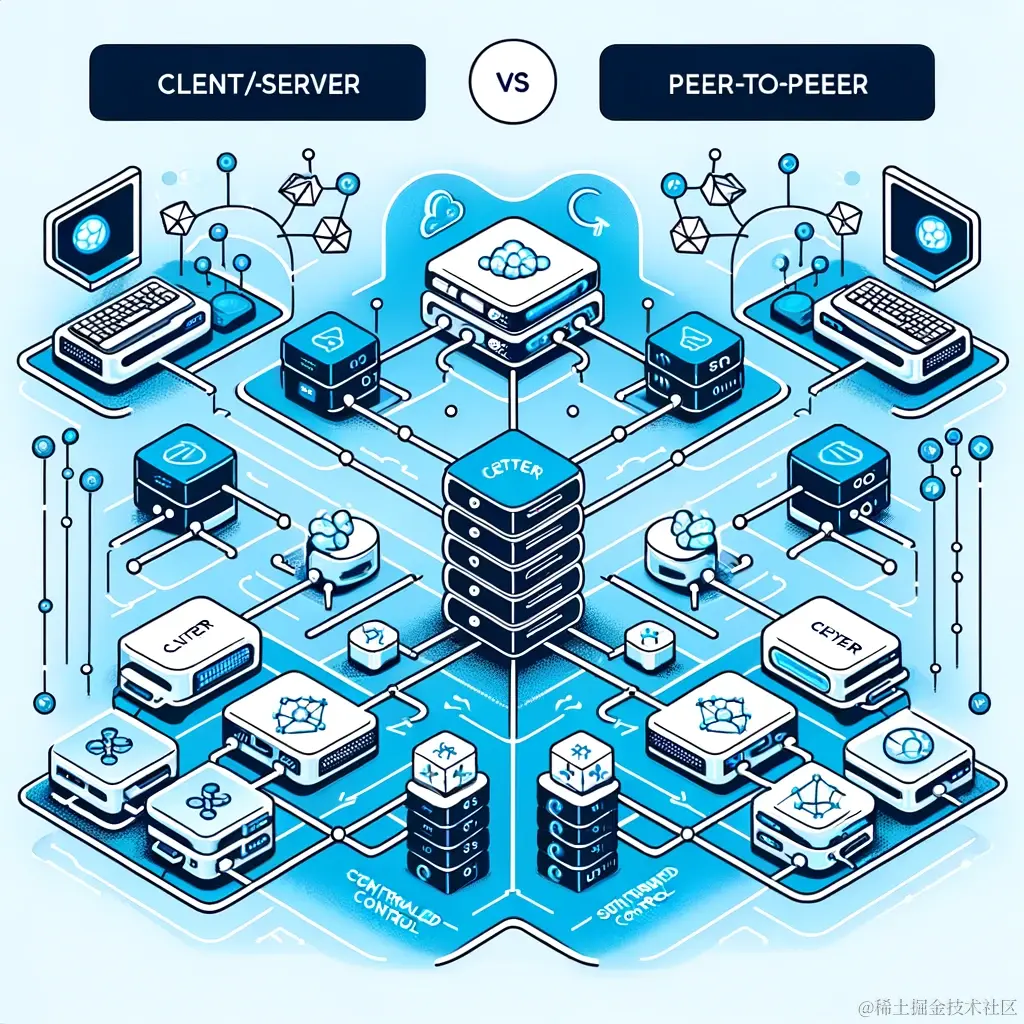 DALL·E 2024-01-28 20.22.58 - Illustration depicting the difference between Client_Server Model and Peer-to-Peer Model in distributed systems. The Client_Server Model should show m.png