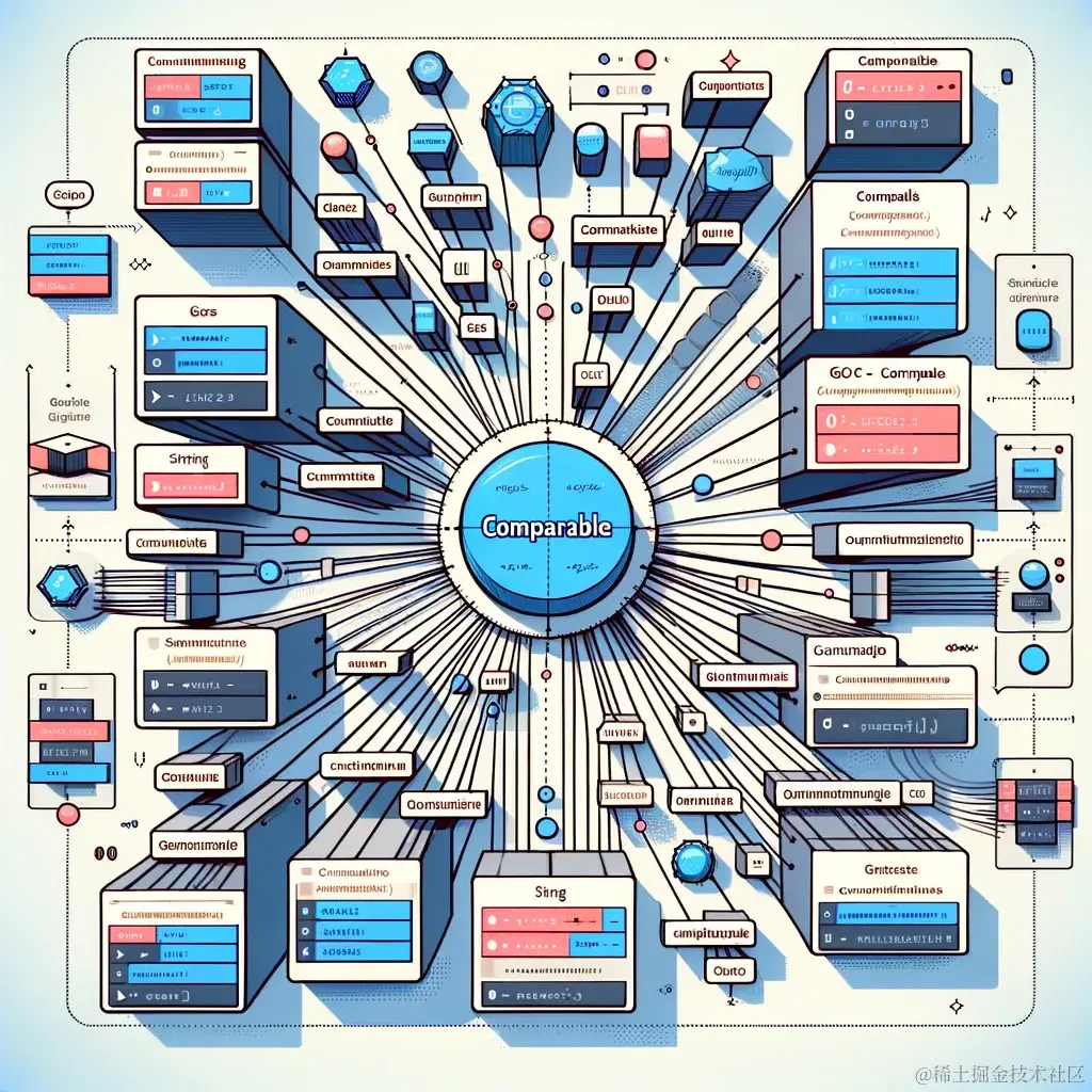 DALL·E 2024-03-19 20.33.23 - Visualize the concept of the comparable interface in Go programming language. Imagine an abstract diagram showing various basic Go types (such as inte.webp