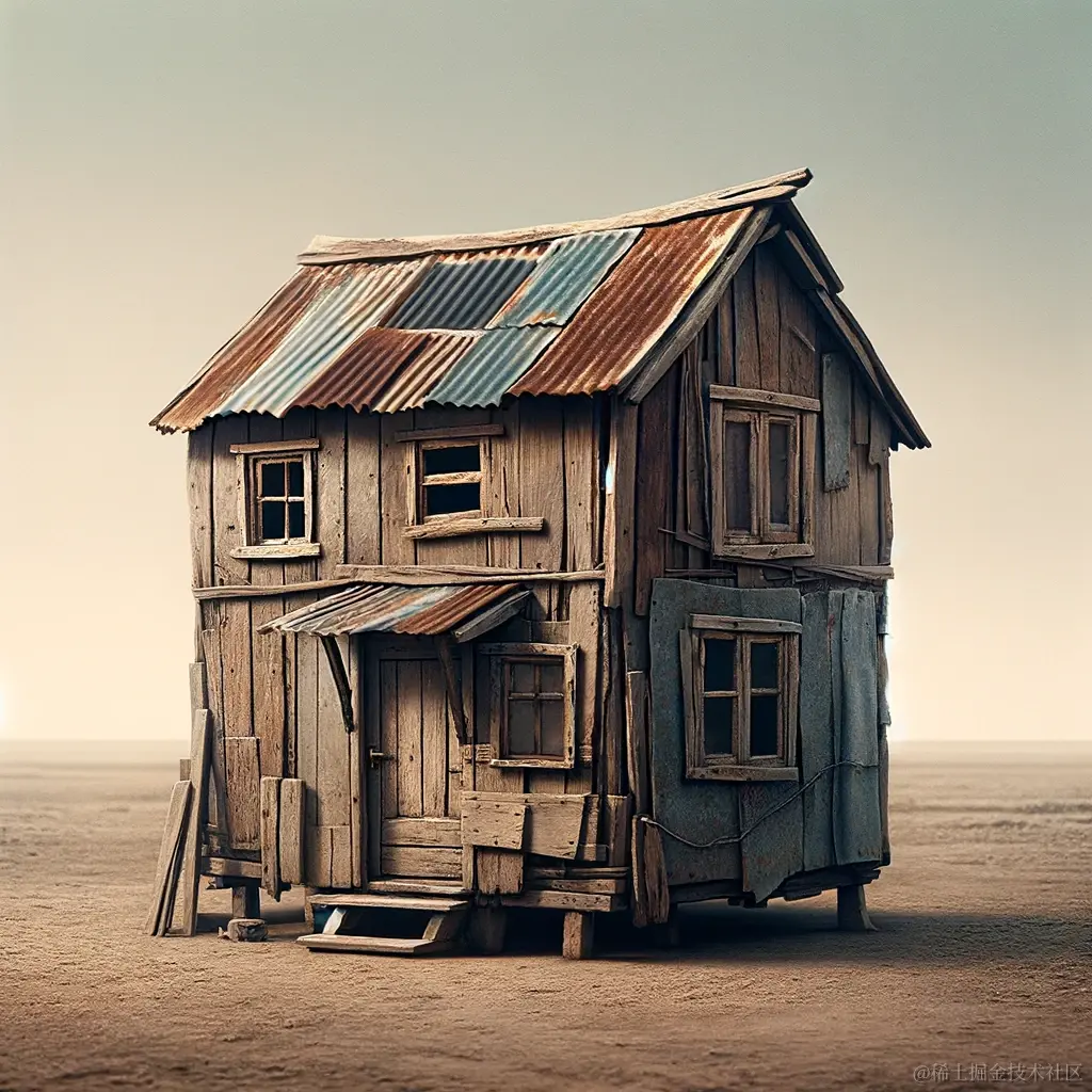 DALL·E 2024-01-08 15.16.31 - A very rudimentary and shabby house that looks like it's worth only 10 yuan. The house is small and dilapidated, with a crooked roof, peeling paint, a.png