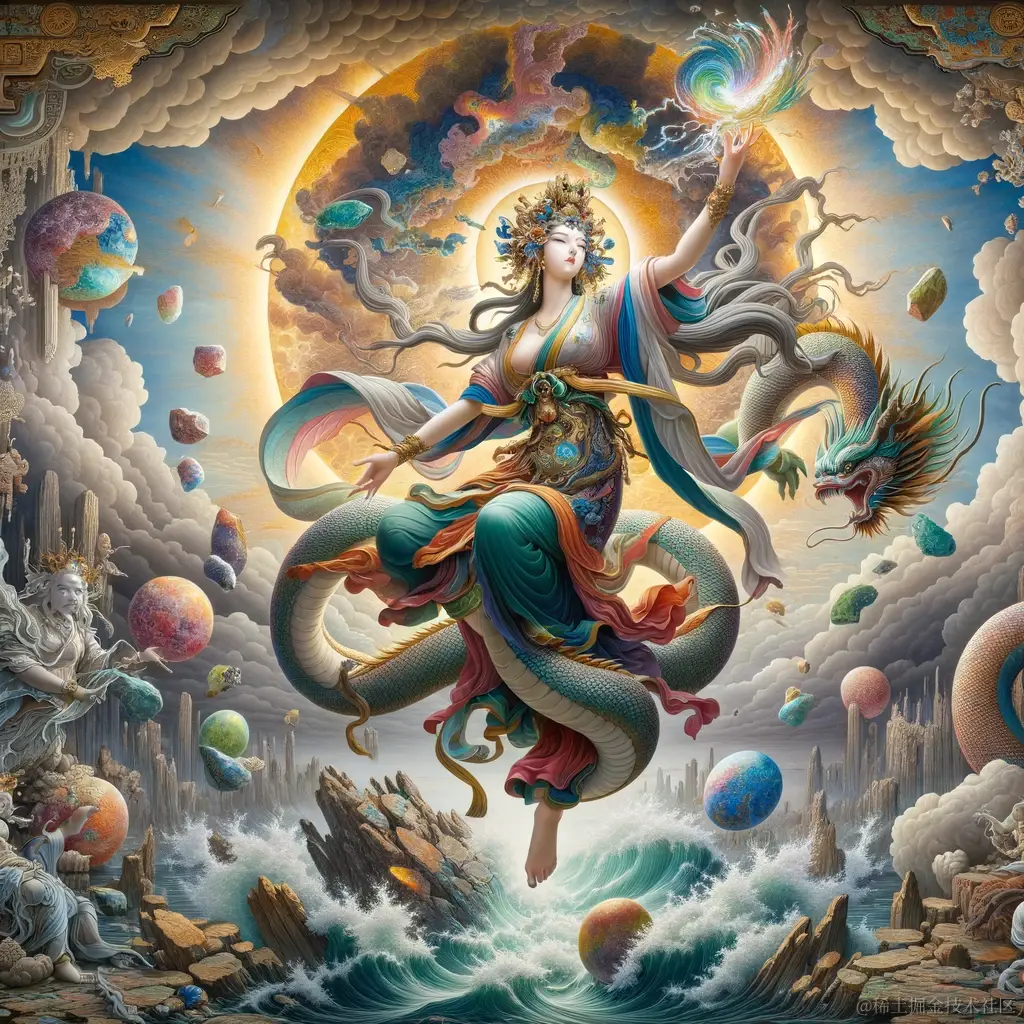 DALL·E 2024-01-25 10.38.14 - A majestic and mythical portrayal of the Chinese myth of Nüwa mending the sky. In the center of the image, Nüwa, a goddess with a human upper body and.png