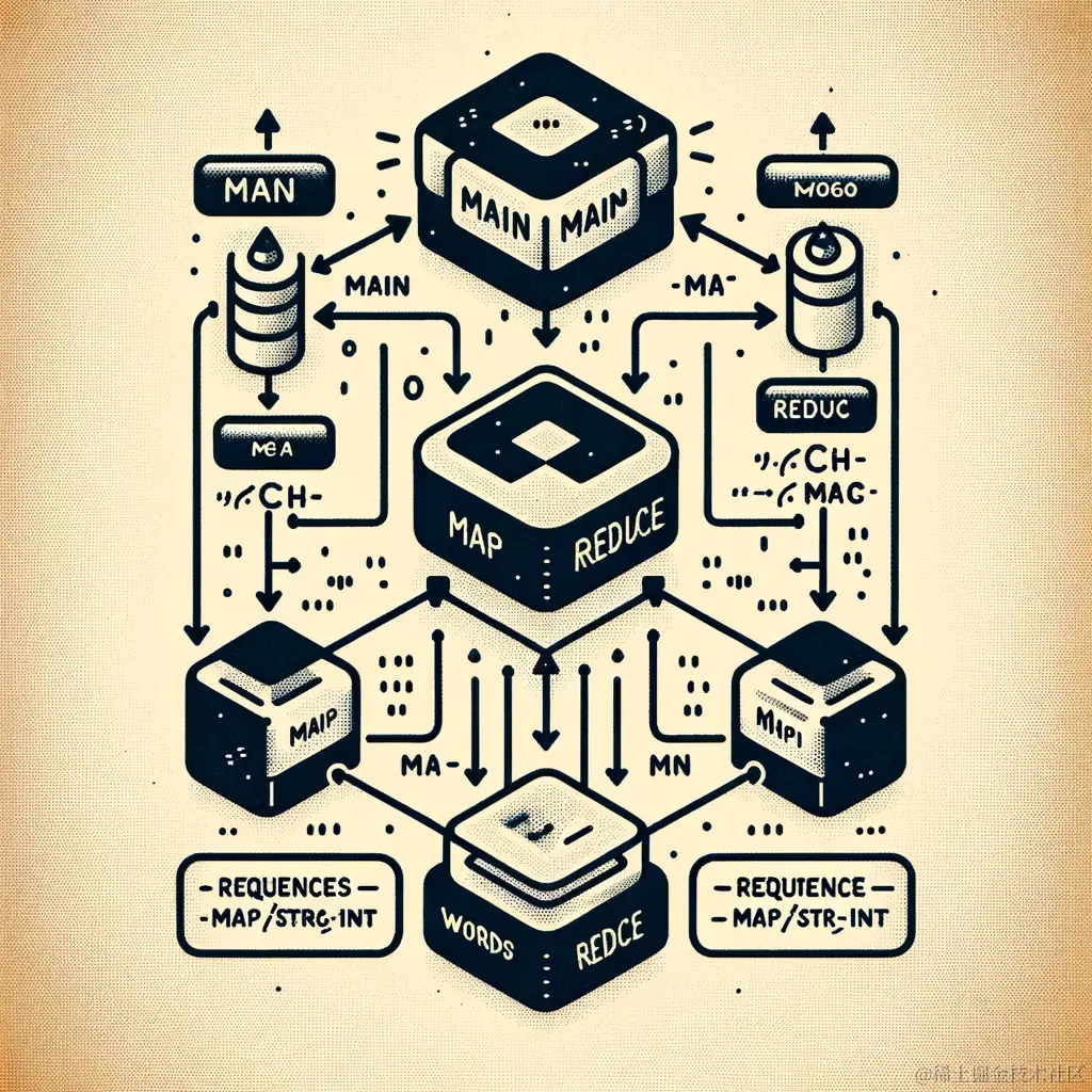DALL·E 2023-12-20 21.36.43 - UML diagram illustrating the MapReduce model implementation in Go. The diagram should include three classes_ Main, Map, and Reduce. The Main class sho.png