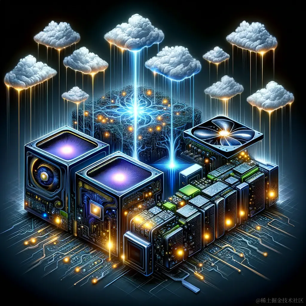 DALL·E 2023-12-15 14.48.47 - An illustration showcasing the impact of high-performance computing hardware, like GPUs and TPUs, on the development of large language models. The ima.png