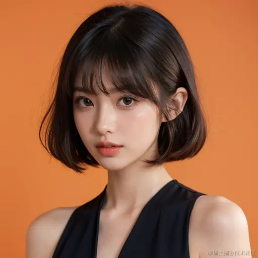 00024-1717706445-1girl,hair with bangs,black long dress,orange background,lora_macc-平面模特_v2.0_1,.png