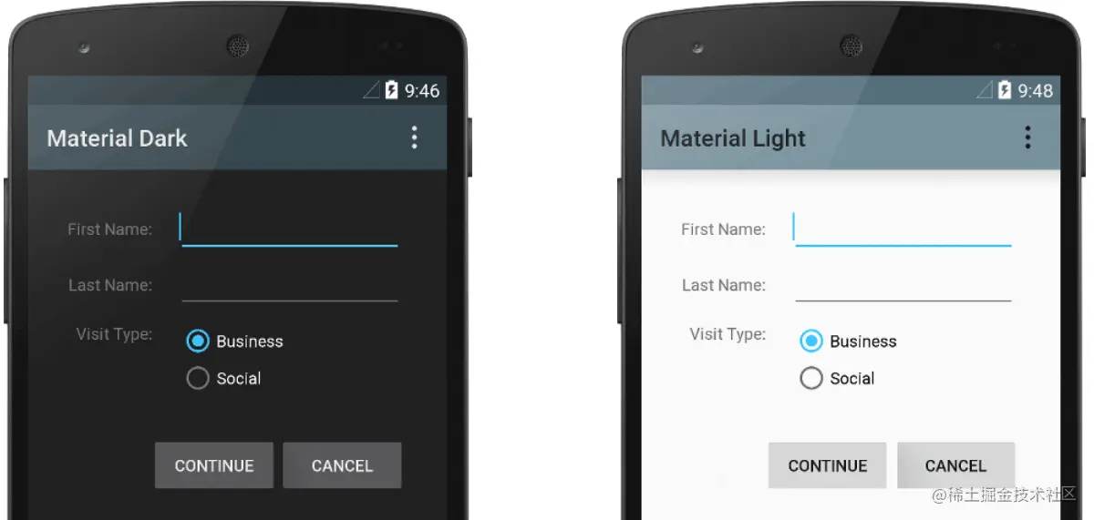 Theme.AppCompat（左）和 Theme.AppCompat.Light（右）