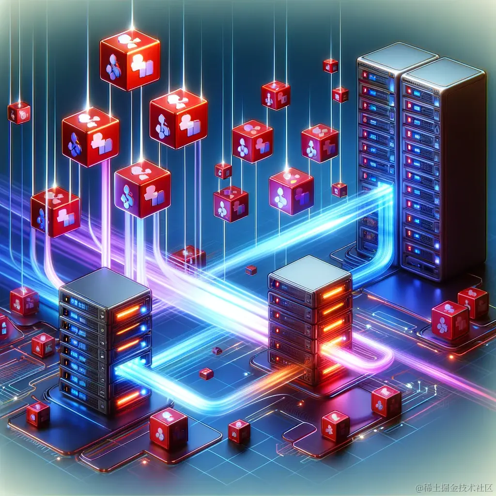 DALL·E 2024-01-12 21.39.44 - A digital illustration showing a network of computers connected through a stylized representation of Redis, with data blocks flowing between the nodes.png
