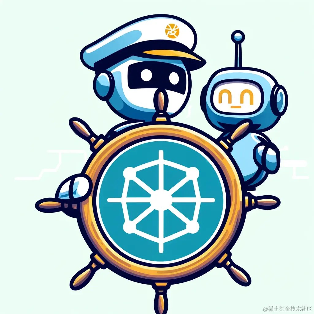DALL·E 2024-05-25 09.39.12 - An illustration that combines the Kubernetes helmsman logo and the GitHub Copilot robot logo. The image should blend these two symbols to highlight th.webp