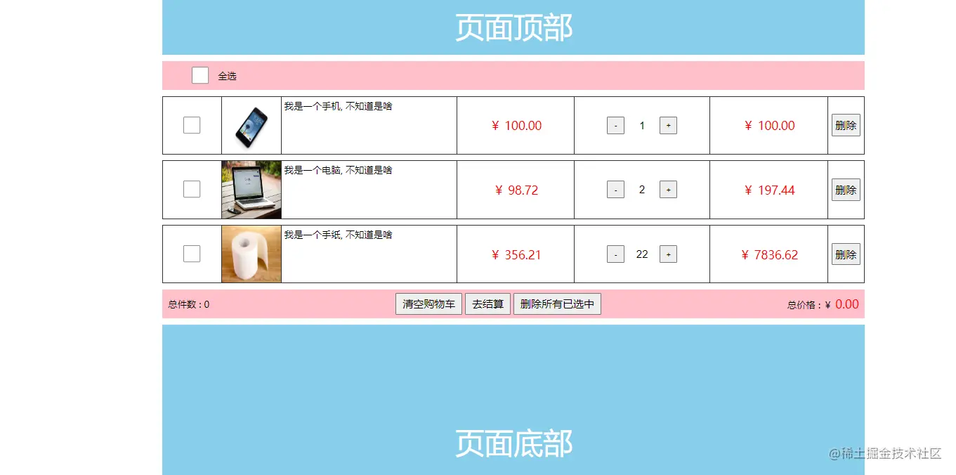 HTML+CSS+JS购物车案例本文枯燥乏味，偏长，请耐心 案例的效果图 html部分 ... ... css部分 .. - 掘金