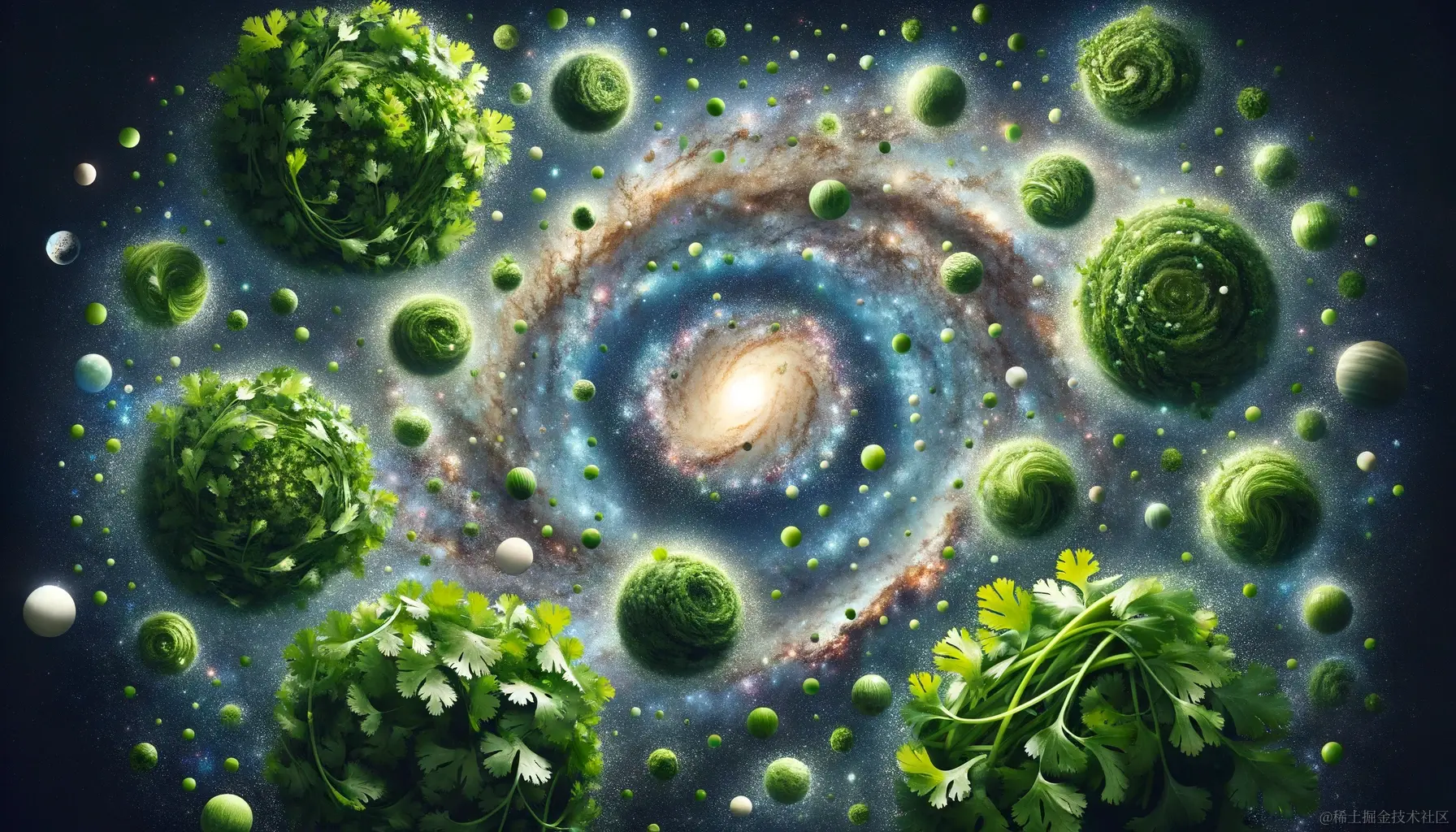 DALL·E 2023-12-23 17.33.38 - Visualize a cosmic scene where the entire universe is filled with cilantro. Galaxies and nebulae are formed from swirling patterns of cilantro leaves .png