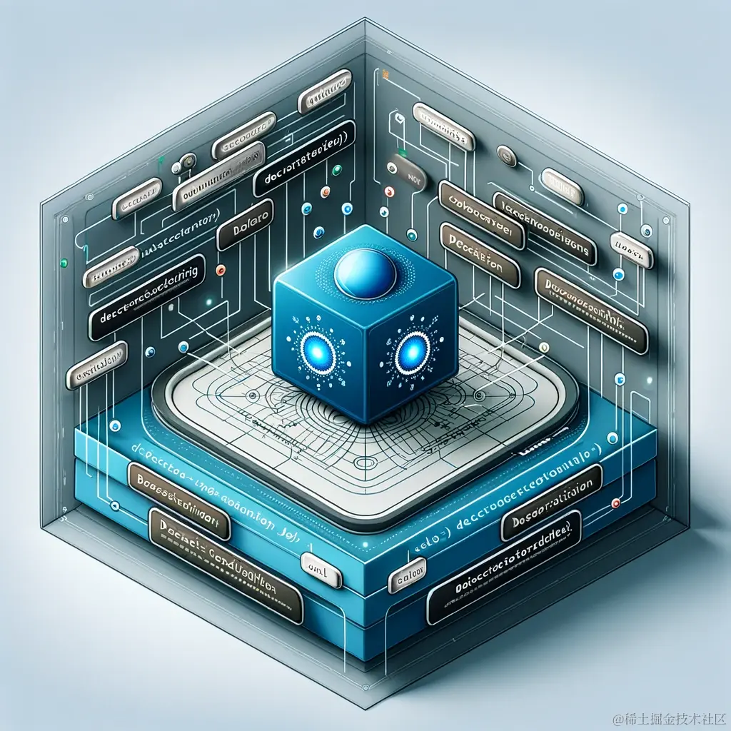 DALL·E 2023-11-18 16.22.26 - A conceptual illustration for the Decorator design pattern in software engineering. The image should feature an object at the center, surrounded by mu.png