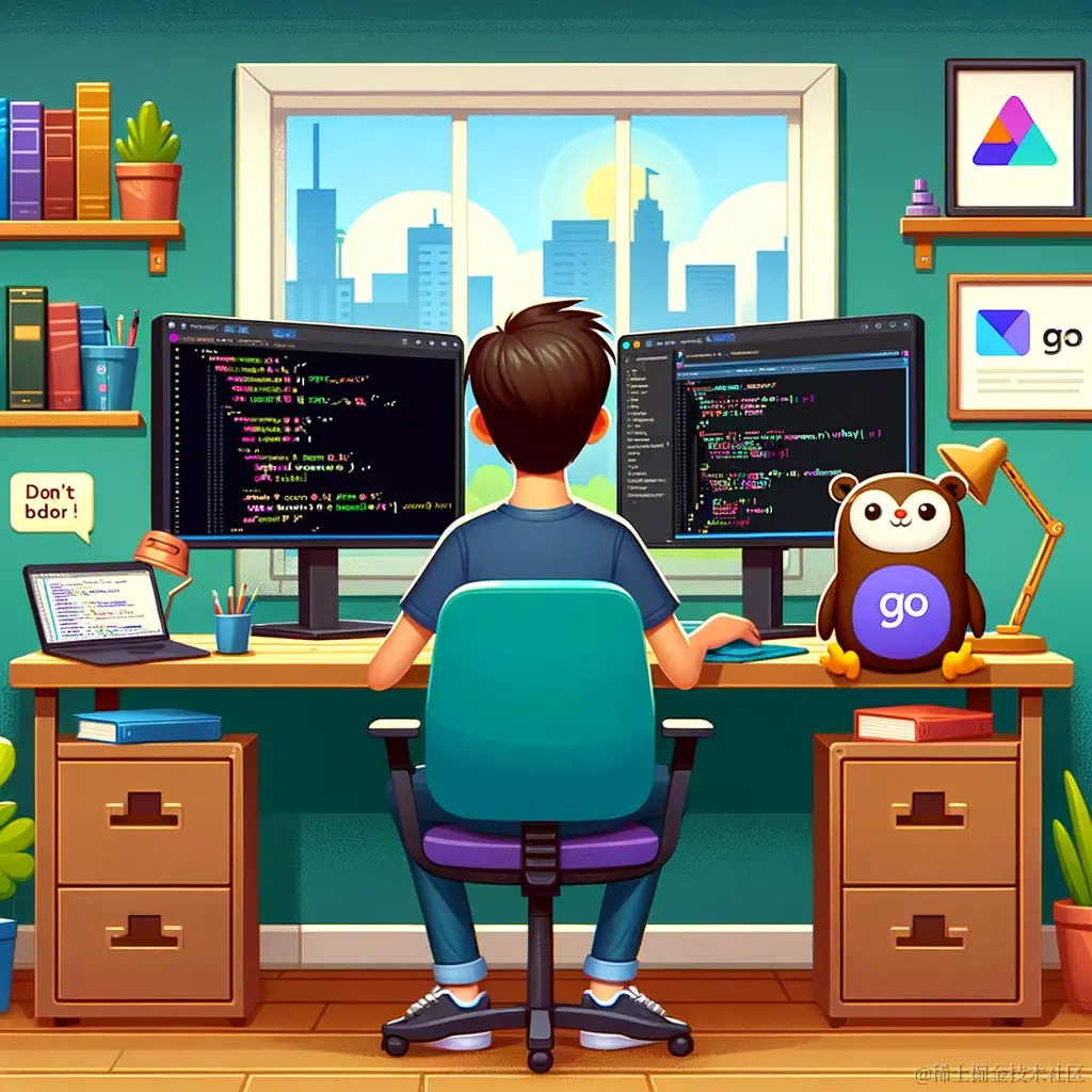 DALL·E 2023-12-29 22.41.41 - An illustration of a developer sitting at a desk with multiple monitors displaying code, a Go Gopher plushie on the desk, and Visual Studio Code logos.png