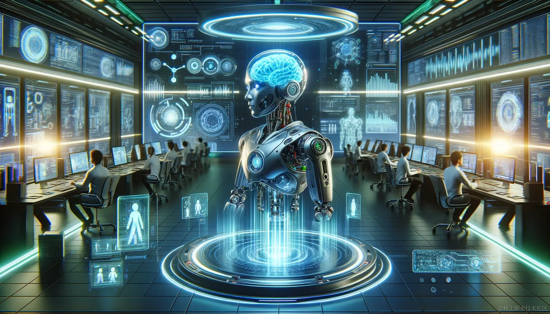 DALL·E 2024-01-24 16.23.50 - A futuristic scene depicting an AI text generator detector. The setting is a high-tech office with large, transparent screens displaying complex algor.png
