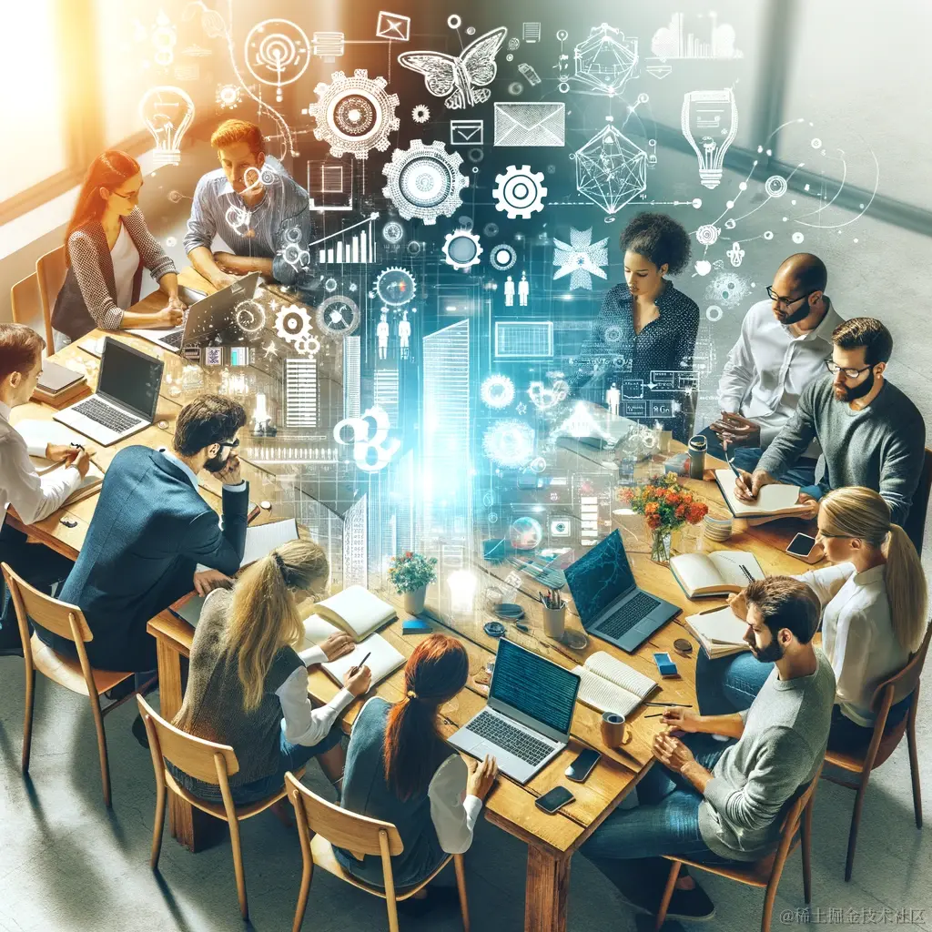 DALL·E 2023-12-31 14.18.31 - An image of diverse people of different professions, including a software architect, a project manager, and a developer, engaged in learning and discu.png