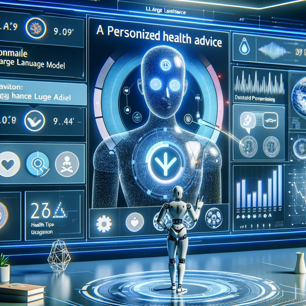 DALL·E 2023-12-05 15.57.38 - A conceptual illustration of a large language model (LLM) functioning as a personalized health advice smart assistant. The image depicts a futuristic .png