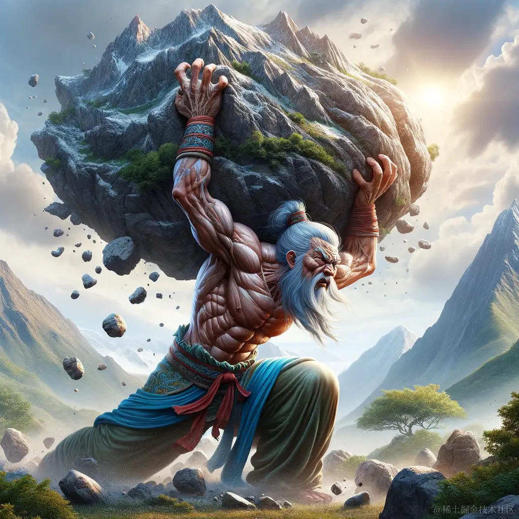 DALL·E 2024-01-15 15.13.06 - A fantastical and hyperbolic interpretation of the Chinese proverb 'The Foolish Old Man Removes the Mountains'. Picture a muscular, ancient old man wi.png