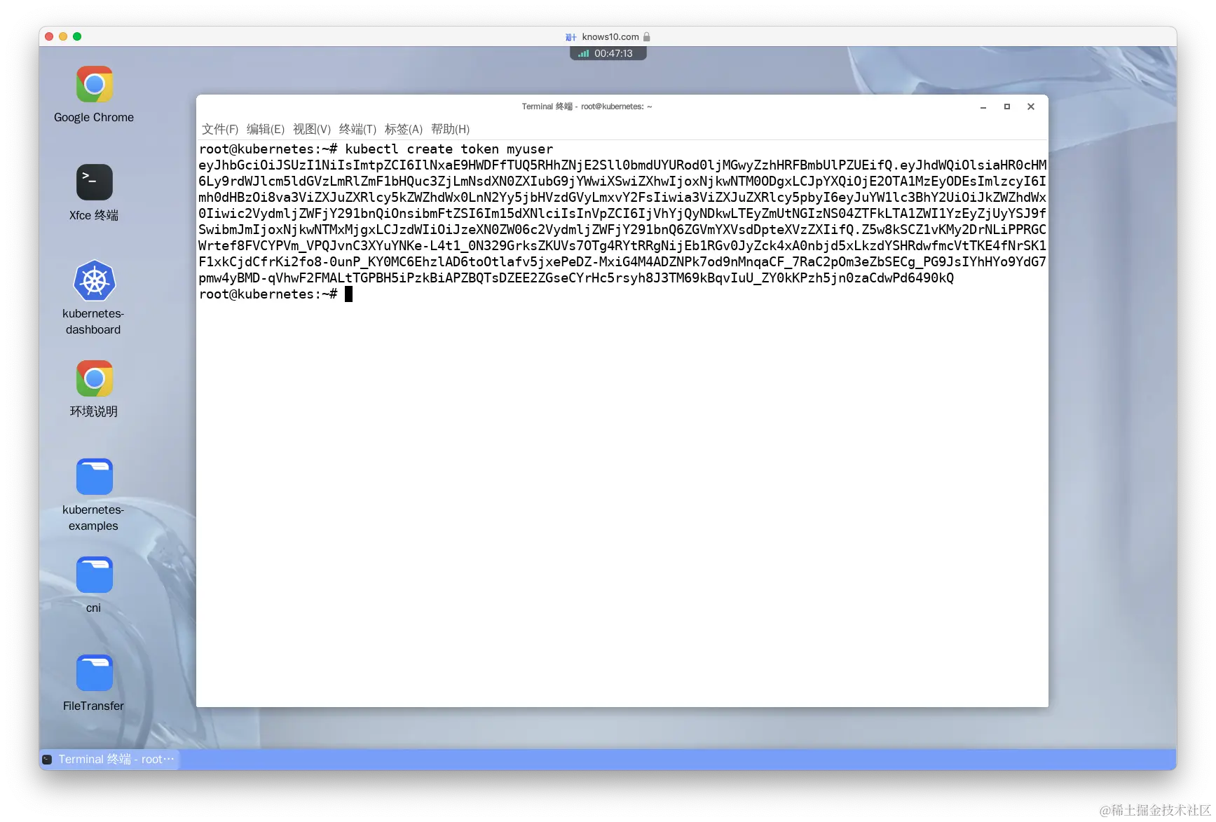 Generate an API token for the service account 'myuser'