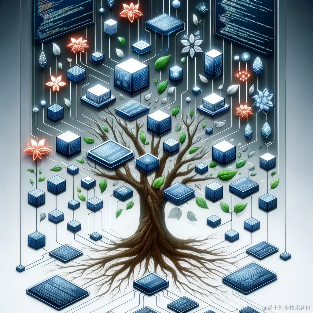 DALL·E 2023-11-17 23.00.41 - A conceptual illustration for the Composite design pattern in software engineering. The image should depict a tree structure, symbolizing the hierarch.png