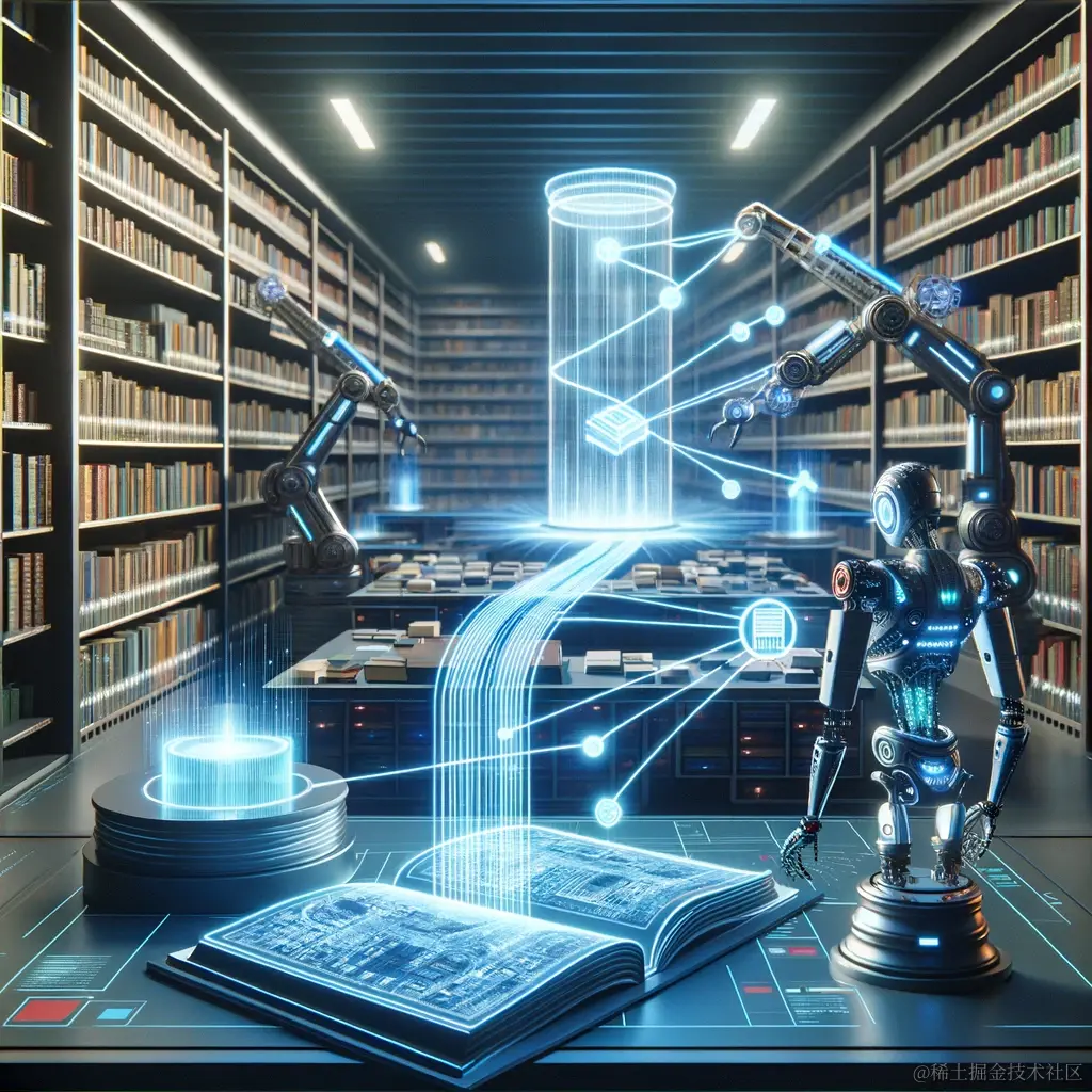 DALL·E 2024-03-06 20.17.02 - A digital illustration showing the concept of Retrieval-Augmented Generation technology in action. The scene depicts a futuristic library where roboti.webp