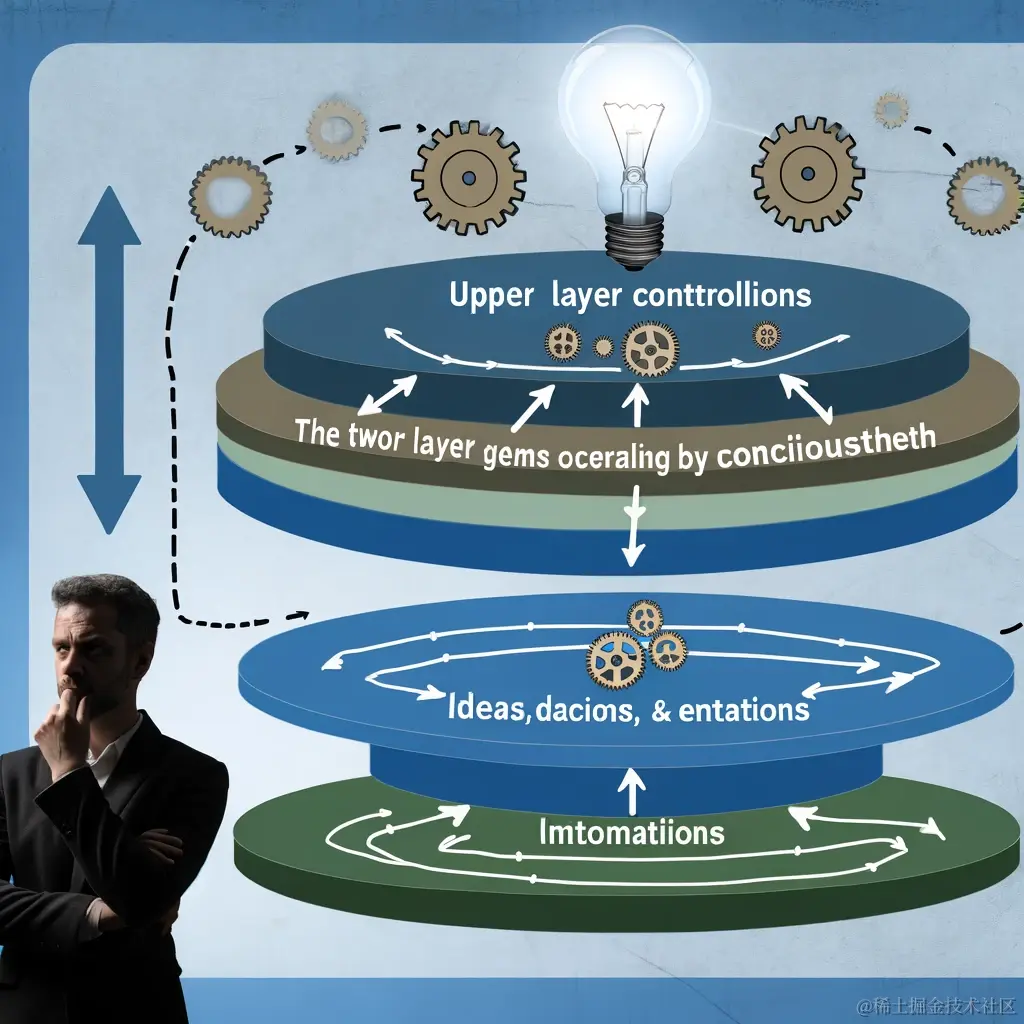DALL·E 2024-03-11 21.14.02 - Illustrate the concept of the two-layer system in human life activities, showing the upper layer controlled by conscious thought and the lower layer o.webp
