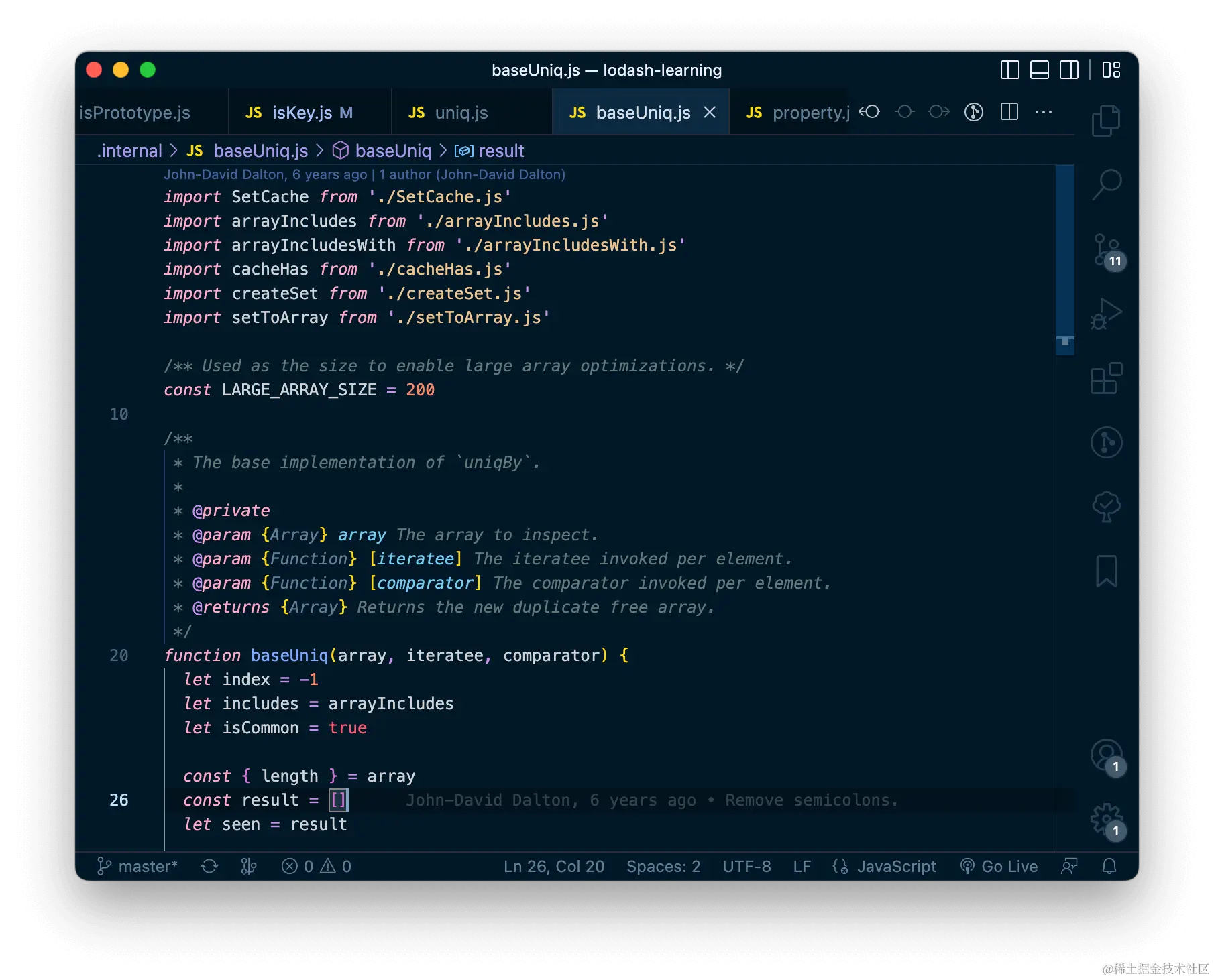 'git blame' in VSCode with GitLens: line 26