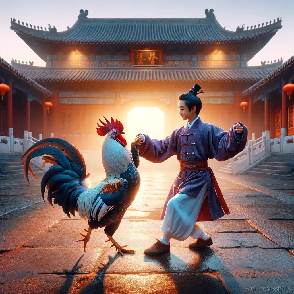 DALL·E 2024-01-15 15.13.09 - A playful and surreal version of the Chinese proverb 'Roused by the crow of a rooster, he starts to dance,' showing a young scholar in traditional Chi.png