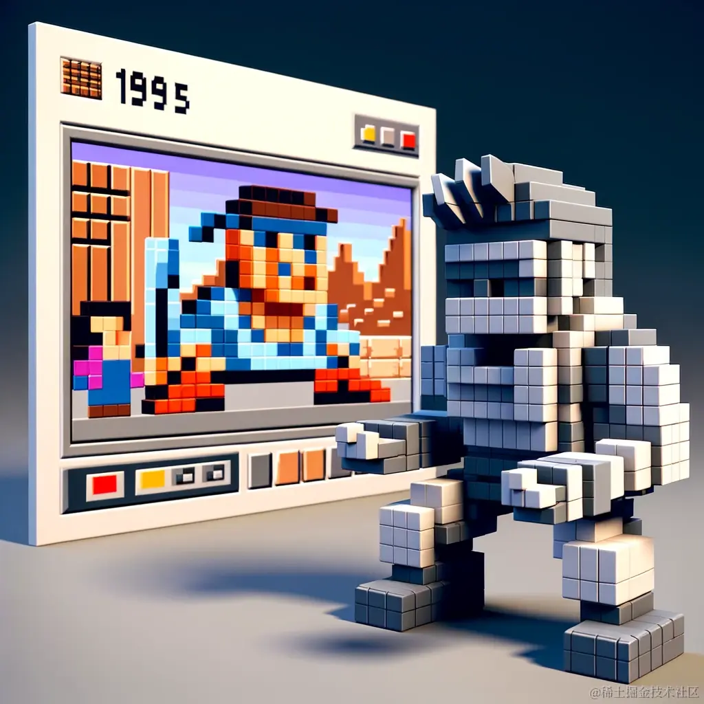 DALL·E 2024-01-21 19.56.28 - A 3D rendered video game character and scene from the 1990s, showcasing early 3D graphics with blocky, pixelated textures and simple geometric shapes.png