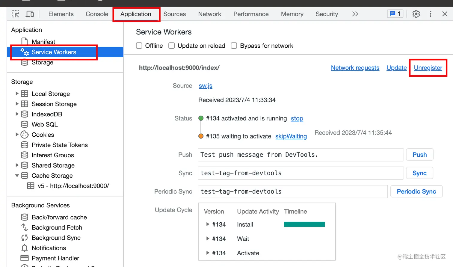 控制台 / Application / service Workers / Unregister 