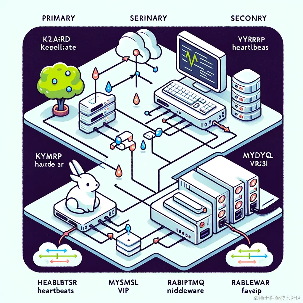 DALL·E 2024-01-20 00.21.54 - Illustration of a Keepalived-based High Availability (HA) system. The image should depict a network diagram with two nodes_ a primary and a secondary.png