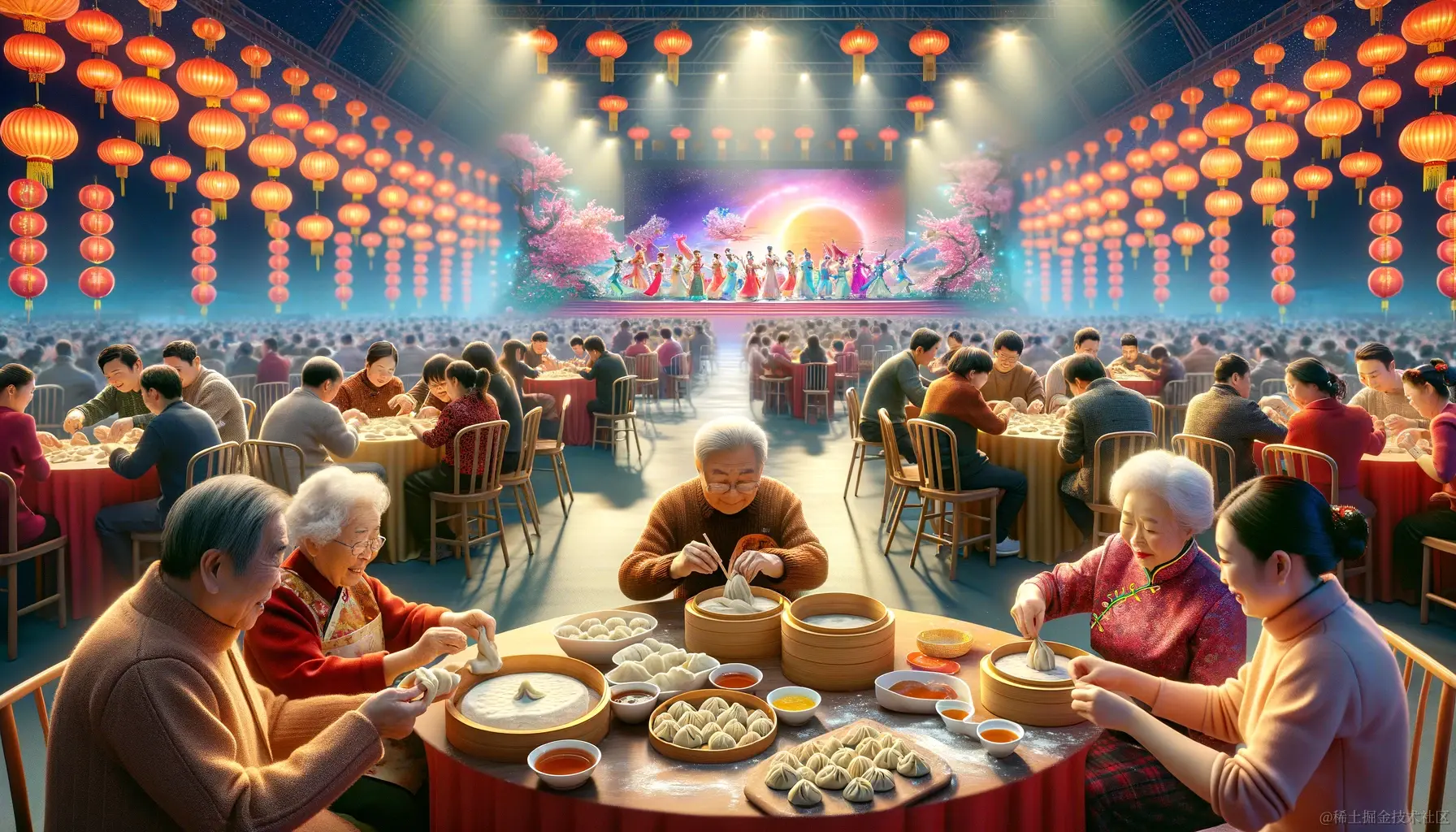 DALL·E 2023-12-19 11.06.44 - A heartwarming scene at the Chinese Spring Festival Gala where the audience is making dumplings while watching the stage performance. The setting show.png