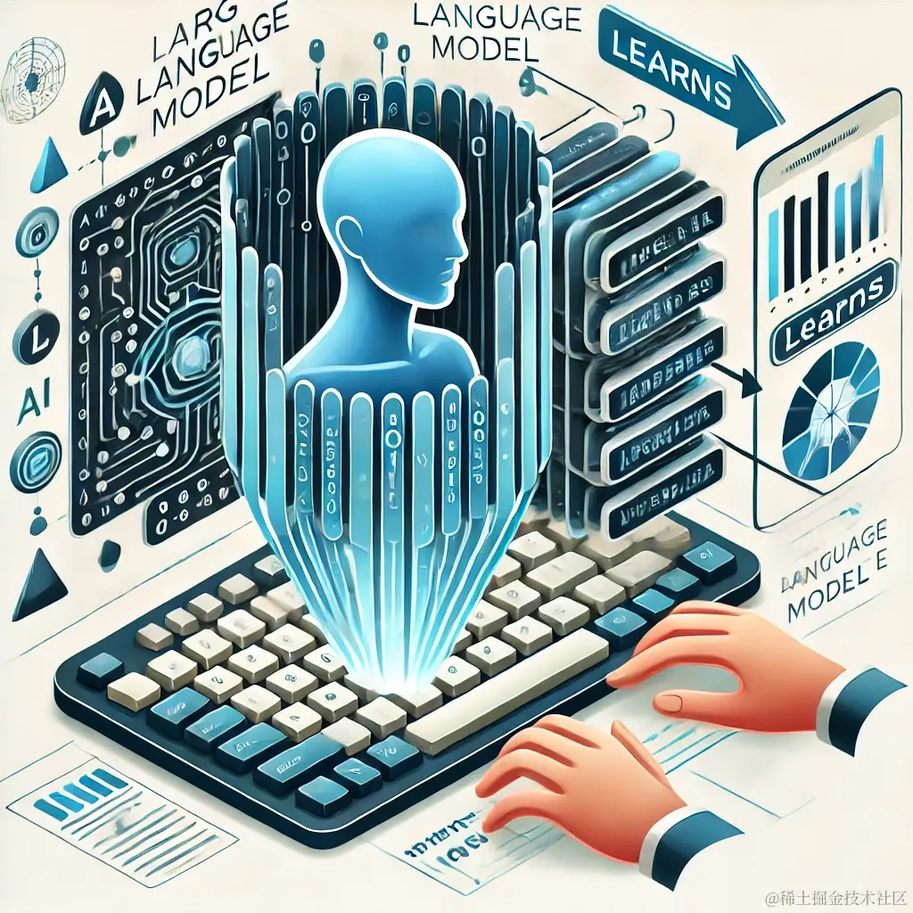 DALL·E 2024-07-03 22.54.22 - An illustration depicting a large language model interacting with a user. On one side, the user is typing on a keyboard, and on the other side, the AI.webp