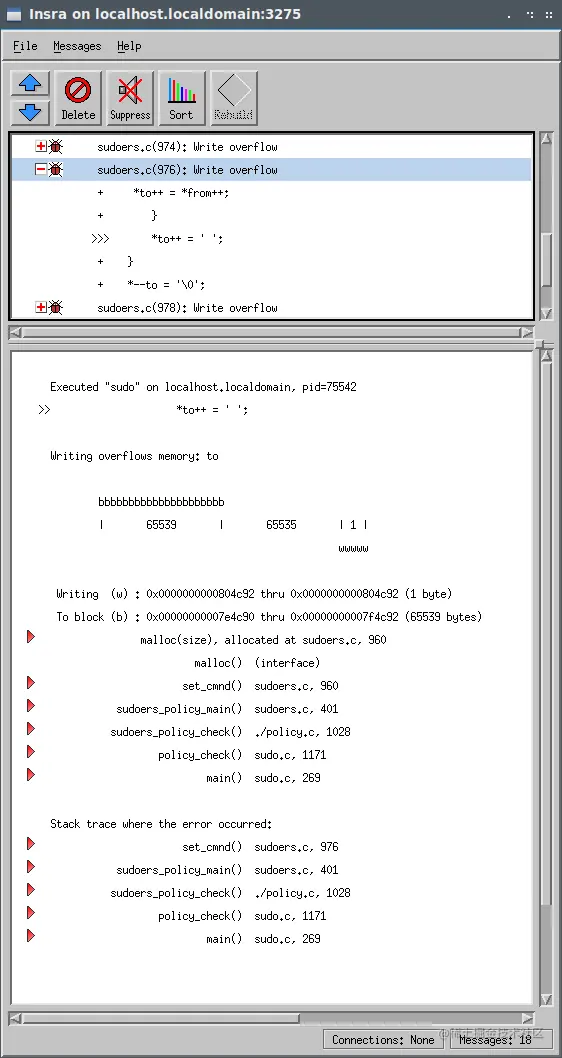 CVE-2021-3156的Insure++ sudoers.c (976)读取溢出的屏幕截图