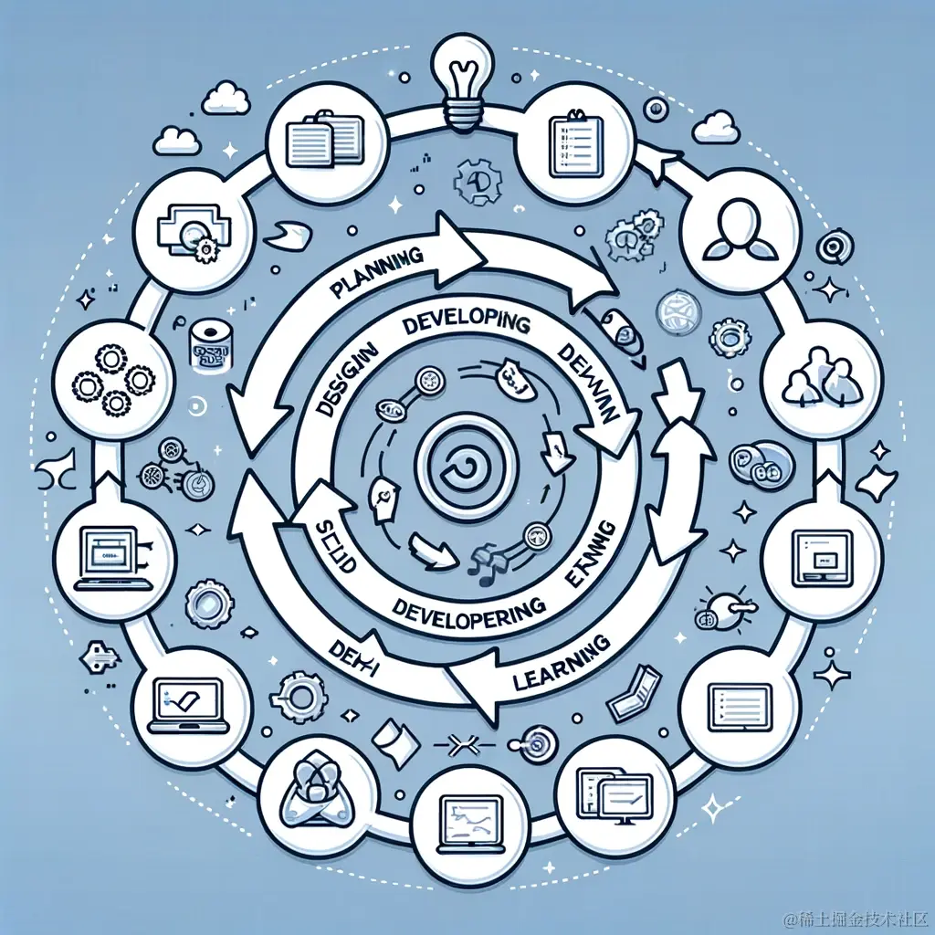 DALL·E 2023-12-29 21.59.47 - An illustration of the agile software development cycle, highlighting continuous loops of planning, designing, developing, evaluating, and learning, w.png