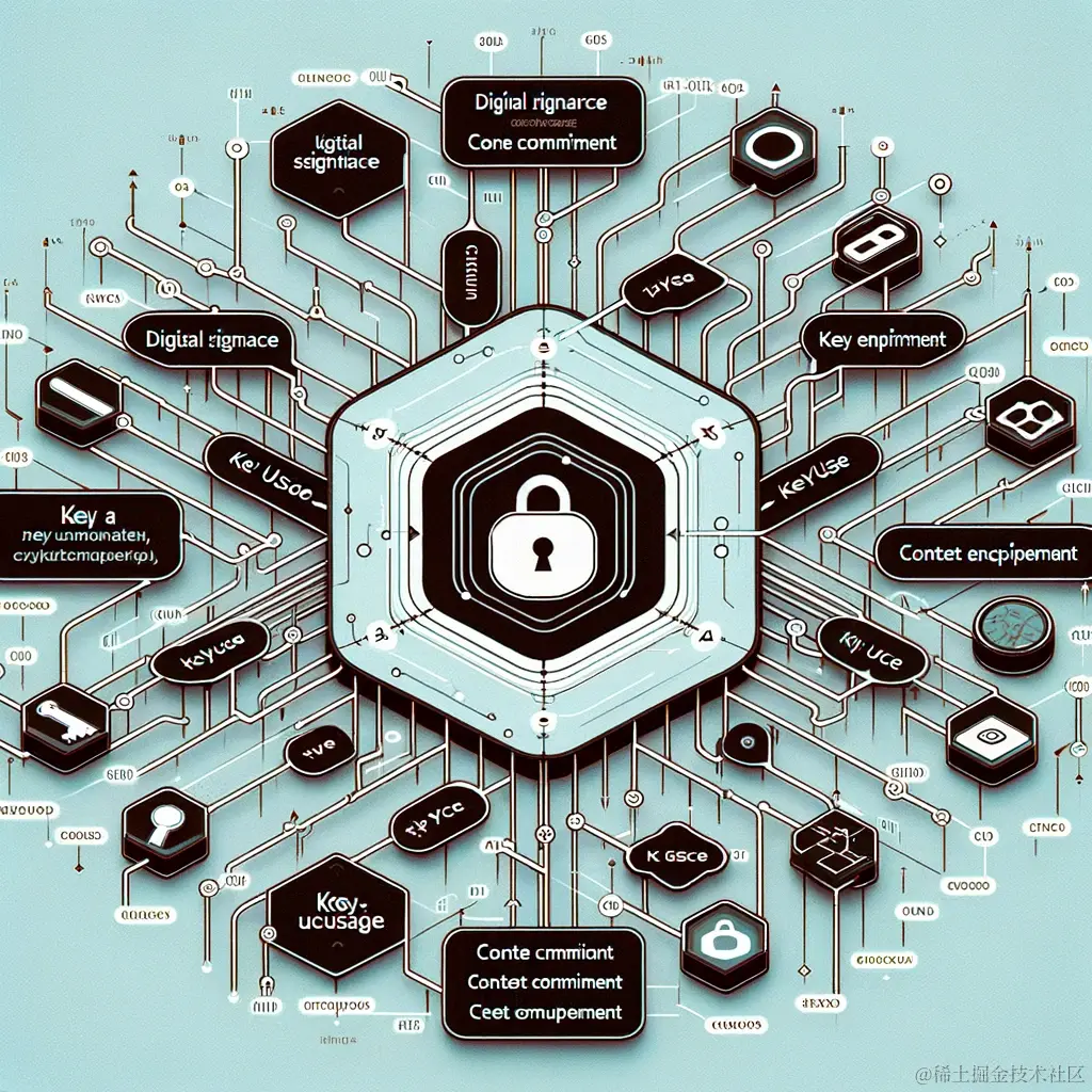 DALL·E 2023-12-25 21.57.34 - an abstract diagram showcasing various KeyUsage enums in Go language, such as Digital Signature, Content Commitment, Key Encipherment, and others, arr.png