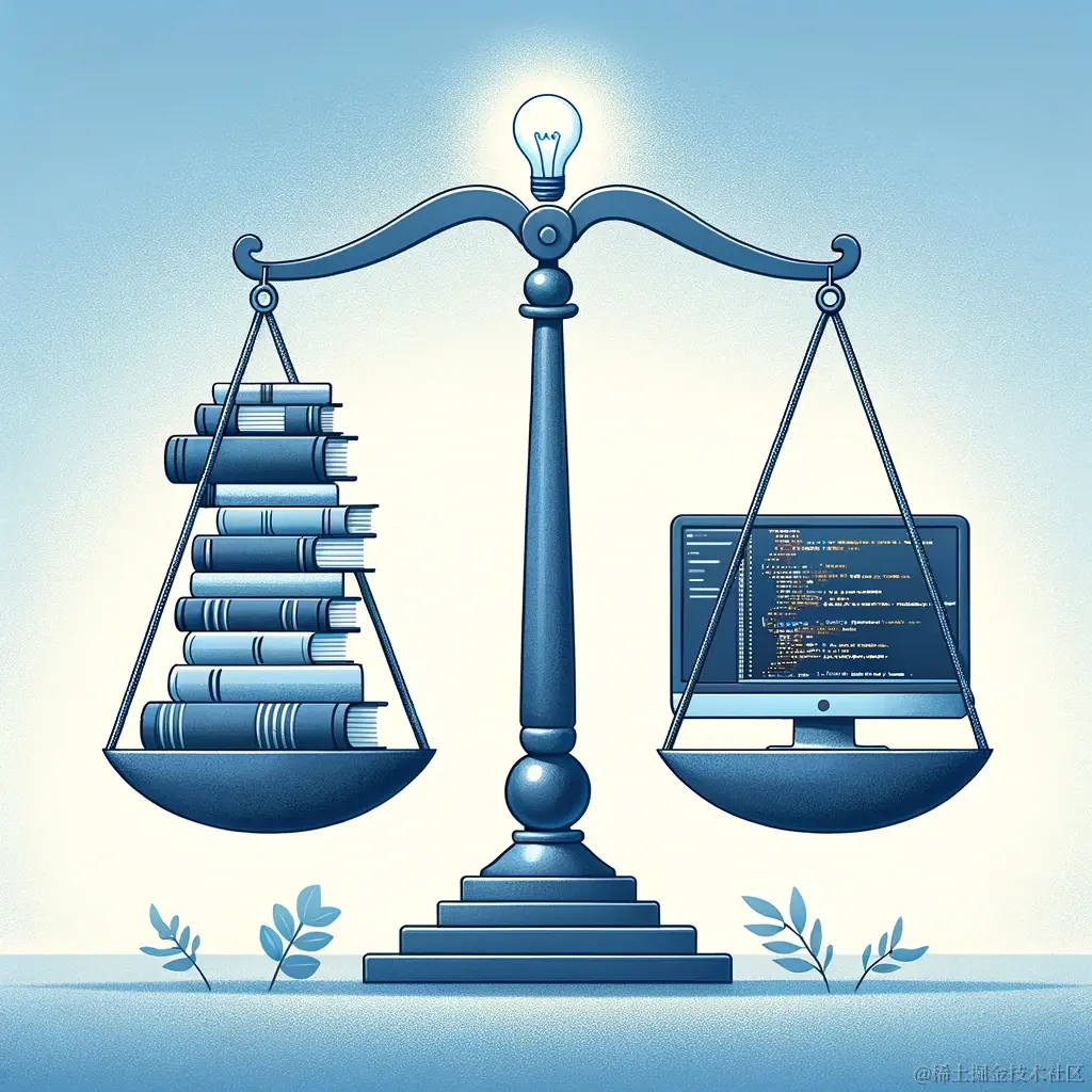 DALL·E 2024-01-05 21.18.00 - An illustration for an article about guiding software developers in balancing theory and practice. The image shows a balance scale with two sides. On .png