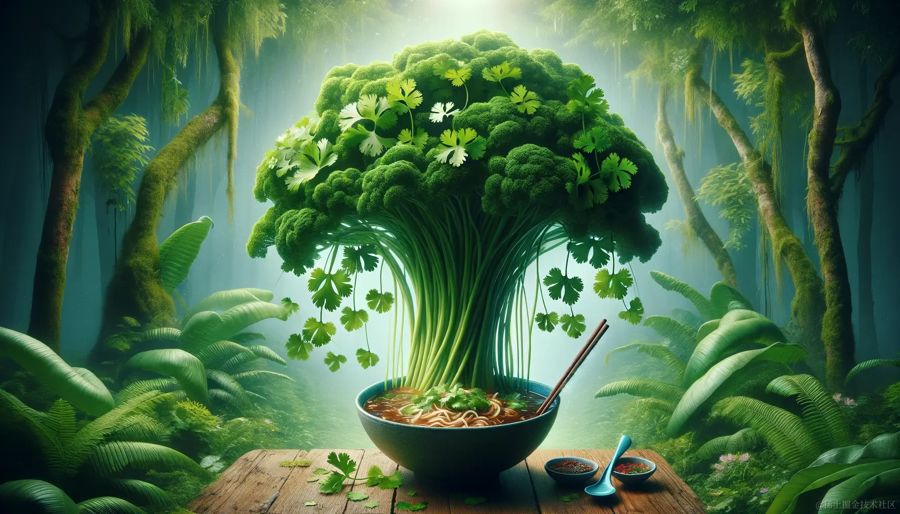 DALL·E 2023-12-23 17.33.29 - Envision an even more exaggerated scene of a beef noodle soup bowl where the cilantro has grown to mythical proportions. The cilantro towers like a gi.png
