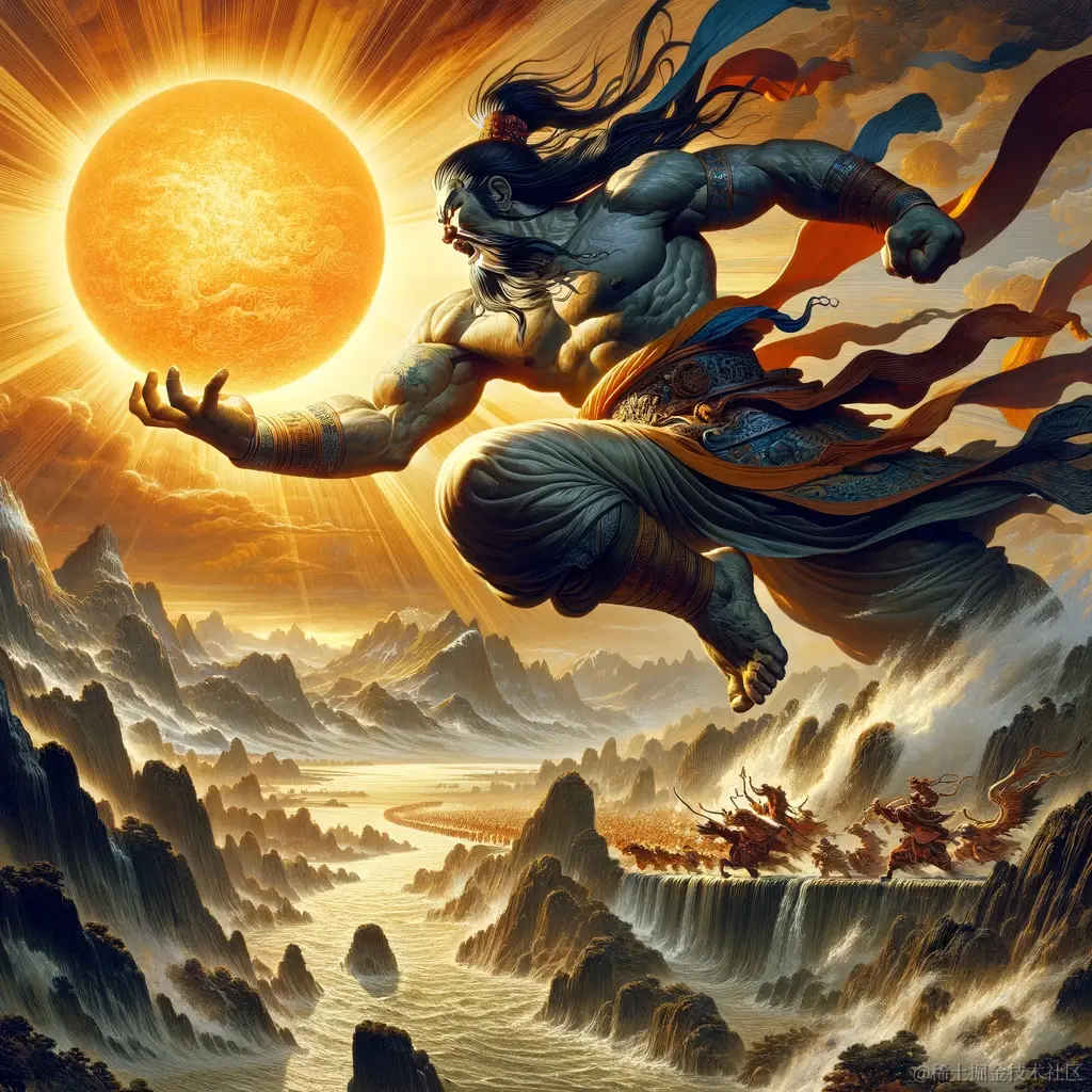 DALL·E 2024-01-24 17.26.18 - A dynamic and powerful scene depicting the Chinese myth of Kuafu chasing the sun. In the foreground, Kuafu, a giant figure with immense strength and d.png