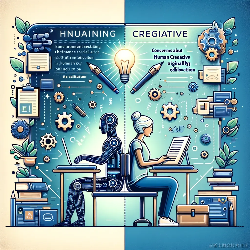 DALL·E 2024-02-02 20.26.09 - An illustration depicting a human writer and an AI robot working side by side, symbolizing the collaboration between human creativity and AI technolog.webp