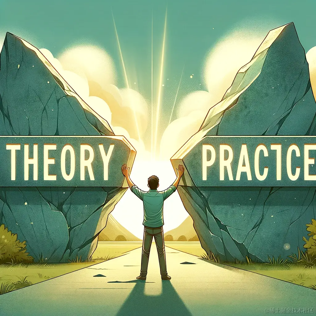 DALL·E 2024-02-17 12.19.51 - An illustration depicting a person standing between two giant stones labeled 'Theory' and 'Practice', actively using their hands to bridge the gap bet.webp