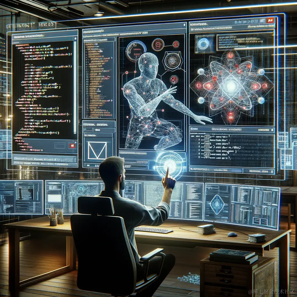 DALL·E 2024-03-16 22.38.23 - A software architect is sitting in front of a large monitor filled with code, diagrams, and architectural models. The architect is using a futuristic .webp